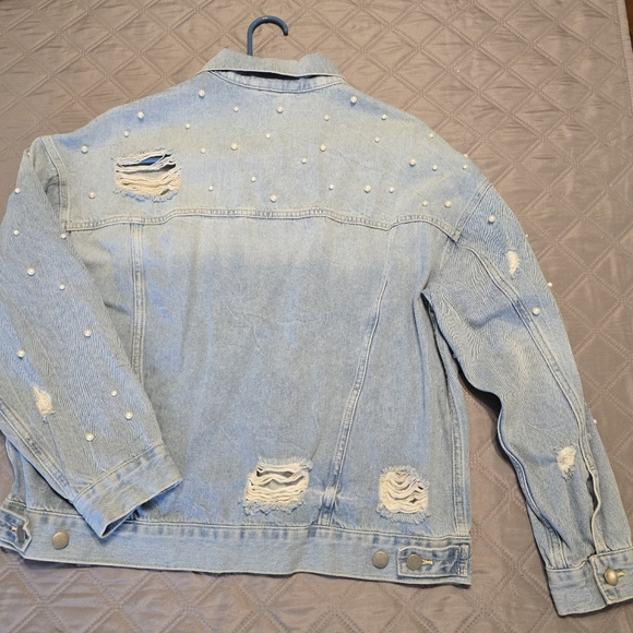 Free People classic cut denim jacket adorned with pearl accents. - Picture 8 of 9